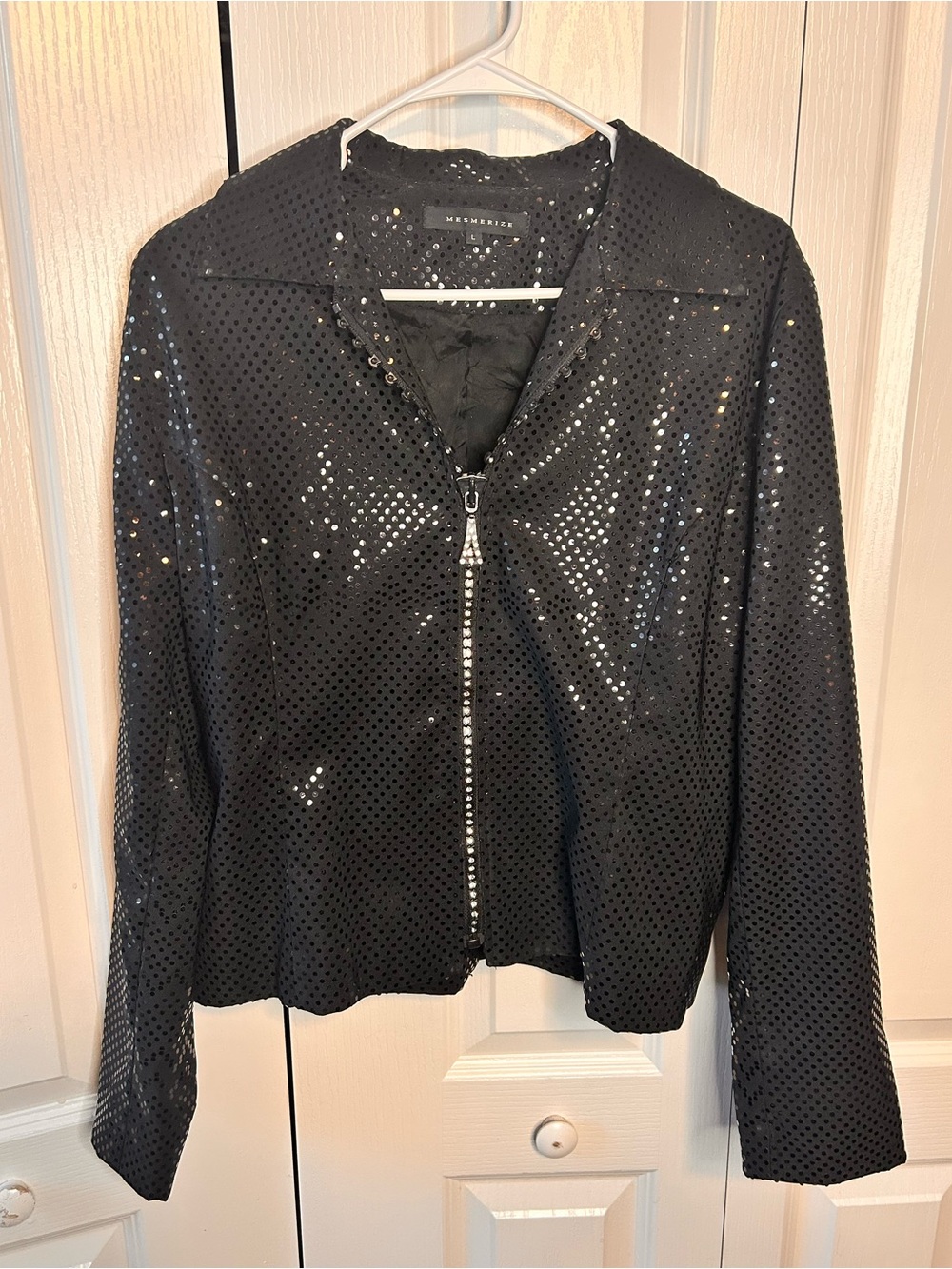 Mesmerize Zip Up Jacket Sparkly Sequin Collared Long Sleeve Black Womens Large